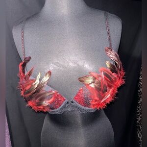 Burlesque Showgirl Bra with Feathers and Red stones. NWT